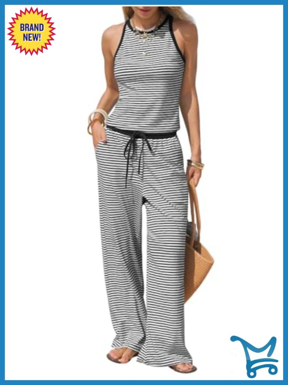 95% Cotton 2 Piece Outfit Striped Halter Top Wide Leg Pant Set Lounge Travel
